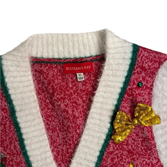 Blizzard Bay Ugly Christmas Sweater Vest / Sequin Bow / Red White Pink / XL - Picture 2 of 4